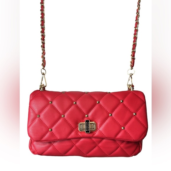 Badgley Mischka Red Quilted Shoulder Bag Clutch Gold Chain Studs Vegan Leather - Picture 1 of 10